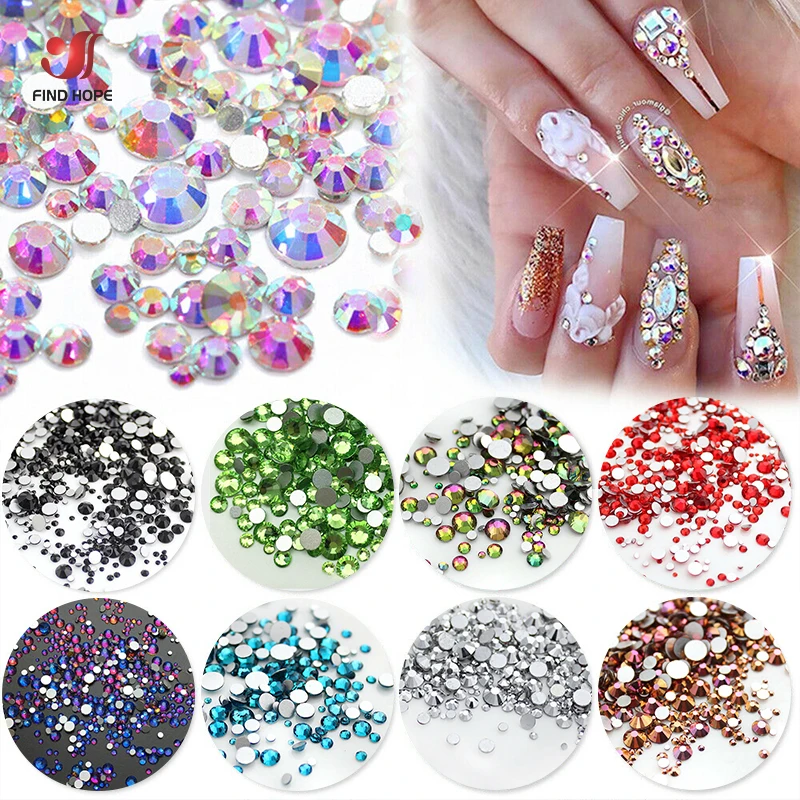 1440pcs Bland Størrelse Fladskærms Tilbage Crystal Rhinestones SS3-SS30 Diamant Glitter Strass Nail Art Dekorationer Tilbehør Perler 3D DIY Tips