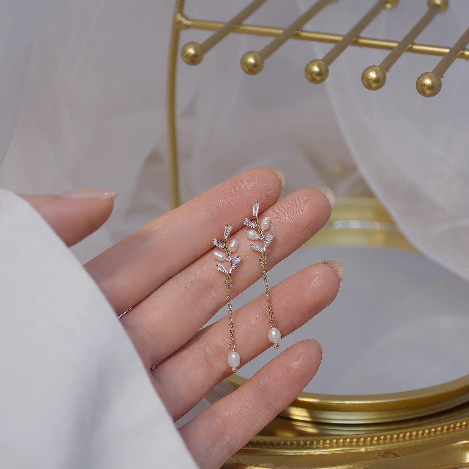 14k Ægte Forgyldt Mode Smykker Crystal ferskvandsperle Blade Udsøgt Øreringe til Kvinde Ferie Fest Elegant Ørering