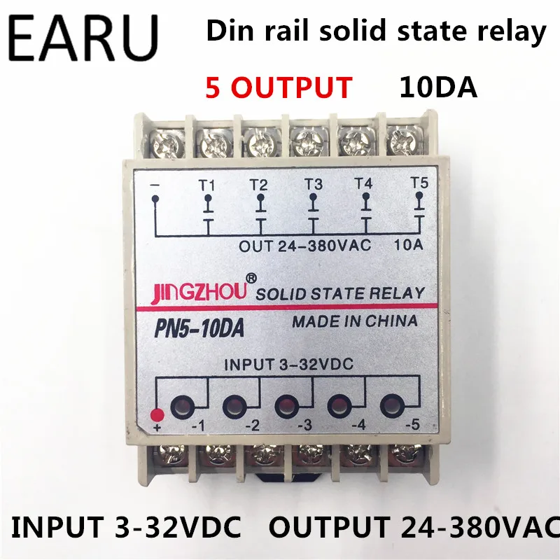 1pc 10DA 5 Kanal Din-Skinne SSR Quintuplicate Fem input 3~32VDC Output 24~380VAC Enkelt Fase DC Solid State Relæ 10A PLC Hot