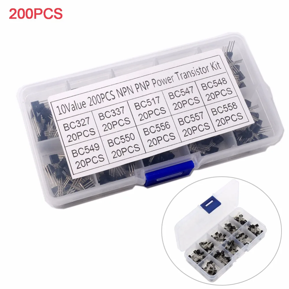 200PCS AT 92 Transistorer Triode Sortiment DIY Kit PNP /MPN 10Value BC327 BC337 BC517 BC547 BC548 med Plastik Boks FZ2766
