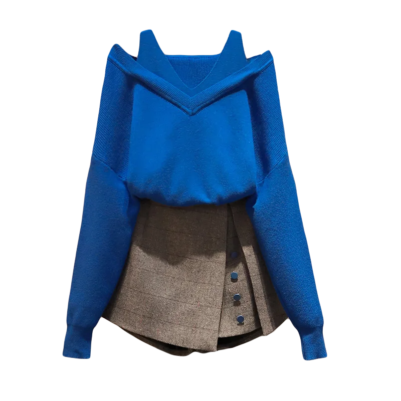 2019 Falder Nye Mode Off-The-Skulder Top Blå Sweater XL -5XL buksenederdele To-Stykke Tøj Søde Kvinder Vestido Strik