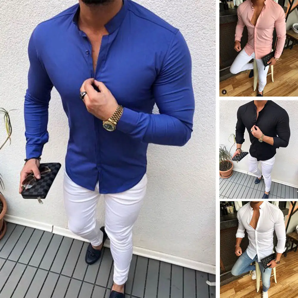 2019 Hot Mænds Slim V-Hals Lange Ærmer Muskel Solid Skjorte Afslappet Shirts Toppe Bluse Mænd Passer Knapper Shirt Drop Shipping