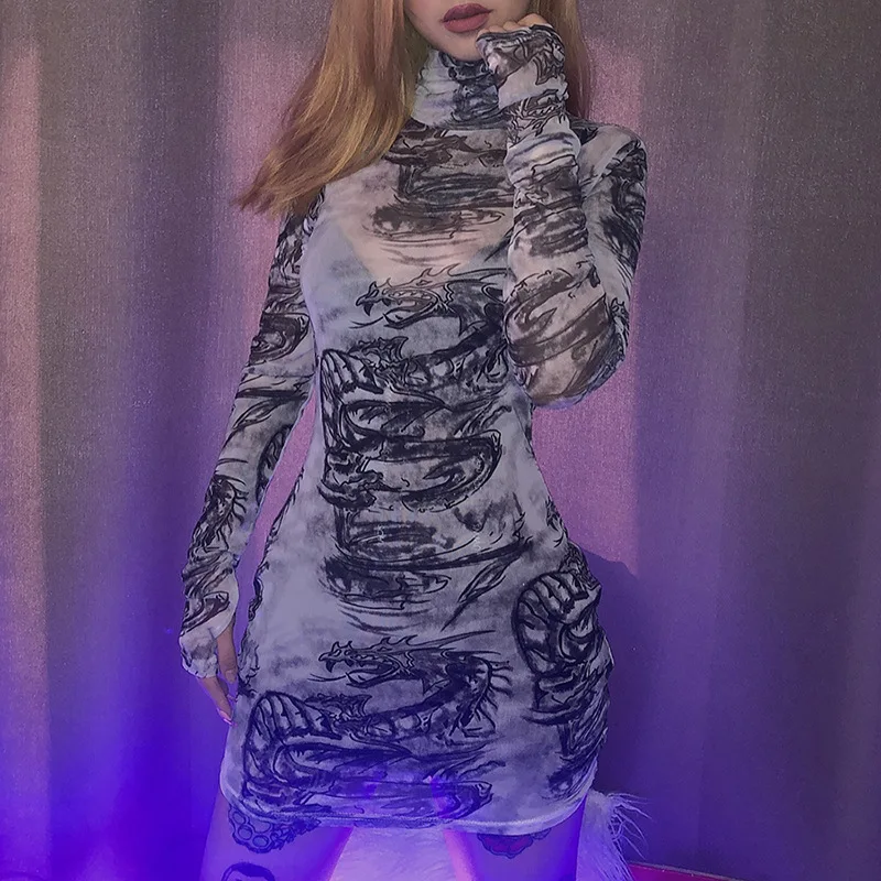 2019 Kvinder Sexet Dragon Print Rullekrave Mini Kjole, Rullekrave, Gennemsigtige Mesh Langærmet Bodycon Slim Fitness Mini Kjoler