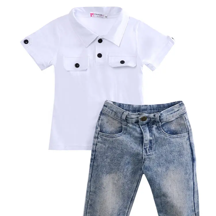 2019 lille Barn Børn Baby Dreng Bomuld kortærmet hvid T-shirt, Toppe, Jeans, Bukser, Dragter 2stk bomuld tøj Sæt kids boy Tøj