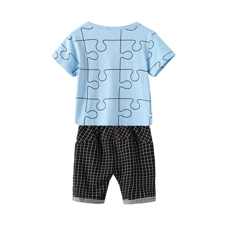 2019 nye sommer drenge tøj sæt geometriske puslespil, mønster, kort-langærmet T-shirt med ternet bukser 2 delt sæt til børn, der passer