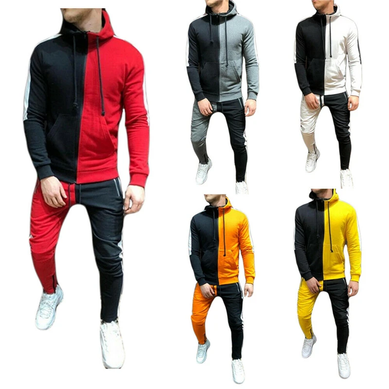 2019 Nye To Stykker Indstille Mode Patchwork Hætteklædte Sweatshirts Sportstøj Mænd Træningsdragt Efteråret Mærke Tøj Og Hættetrøjer+Bukser Mænd
