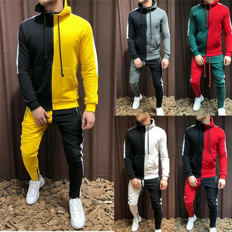 2019 Nye To Stykker Indstille Mode Patchwork Hætteklædte Sweatshirts Sportstøj Mænd Træningsdragt Efteråret Mærke Tøj Og Hættetrøjer+Bukser Mænd
