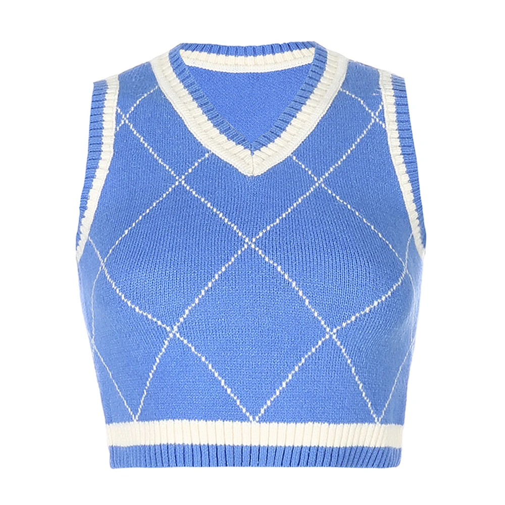 2020 Argyle Plaid Strikket Sweater Vest Kvinder Streetwear Preppy Stil Vintage Stribet Tøj V Neck Tank Top Y2K Strik