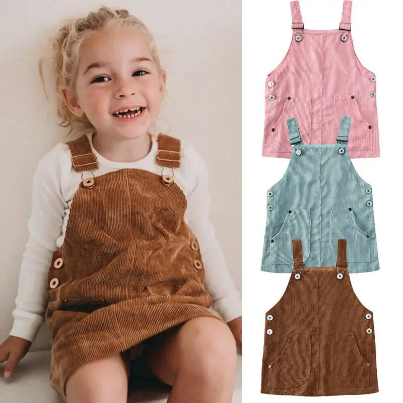 2020 Baby Sommer Tøj Barn Børn Baby Pige Mini Retro Kjole Rem Fløjlsbukser Kjole Seler Solid Overalls Outfit 0-5T