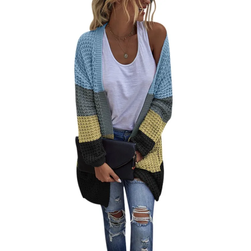 2020 Efteråret Og Vinteren Europæiske Og Amerikanske Mode Casual Strik Sweater Lang Cardigan Med Kontrast Farve Bælte, Lomme Pels Jakke