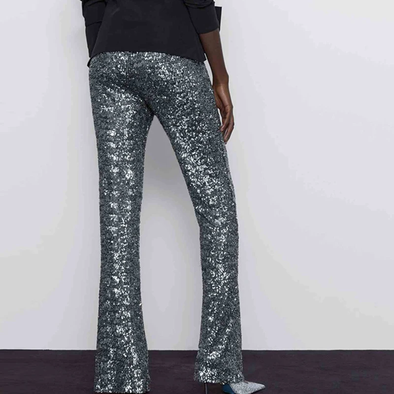 2020 Forår, Efterår Mode Sølv Sequined Bred Ben Bukser Kvinder Casual Solid Elegant Skinnende Part Bukser Kvindelige Pantalone Mujer