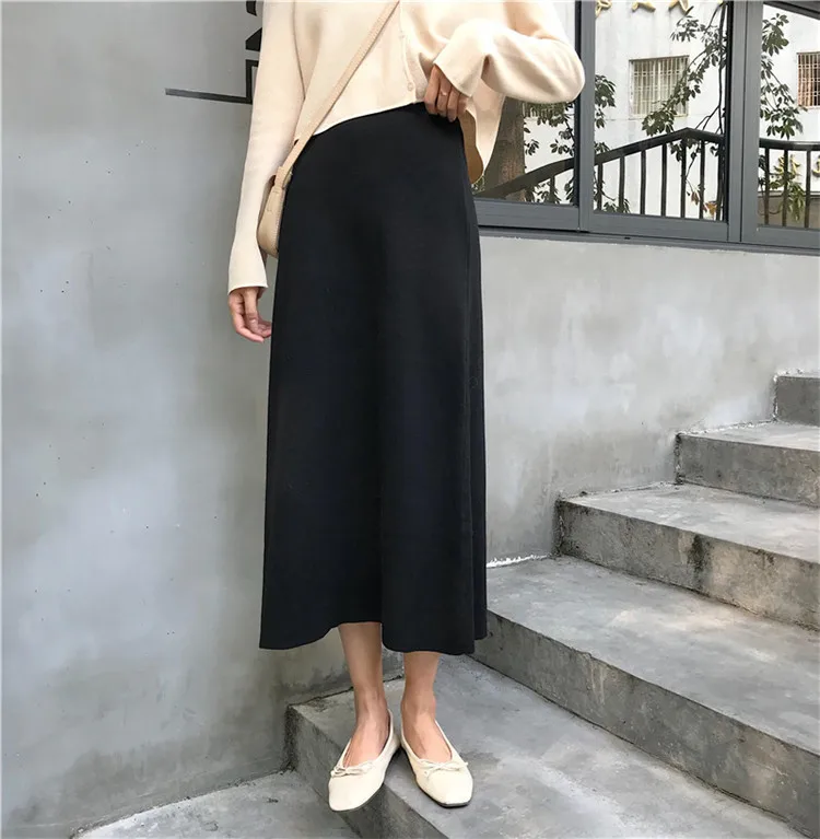 2020 god kvalitet slanke hofter strikket nederdele til kvinder solid farve ankel-længde kontor dame elastisk talje blyant nederdele nice