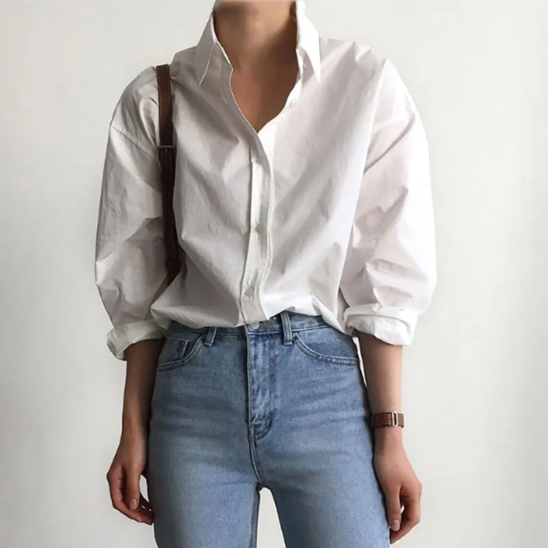 2020 Klassiske Kvinder-Shirts Og Bluser Femme Solid Skjorte Toppe med Lange Ærmer Turn-down Krave OL Style Blusa Casual Løs Bluser