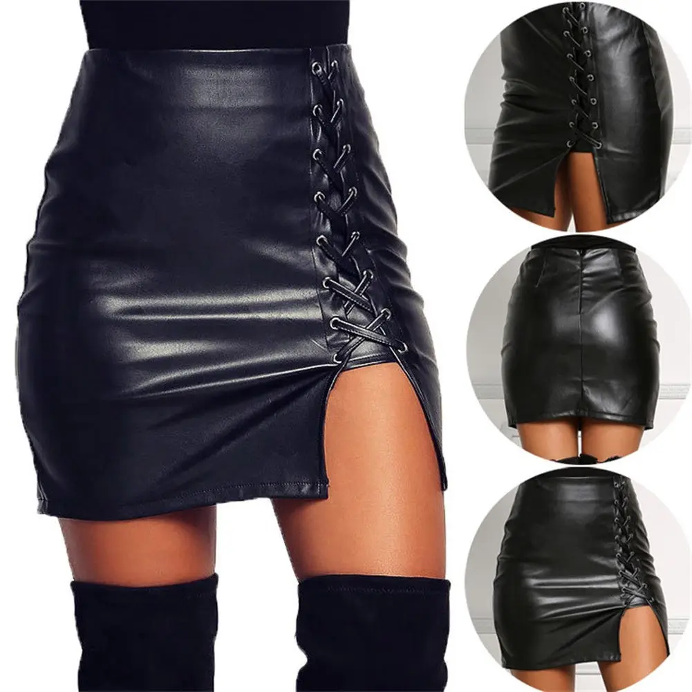 2020 Kvinder nederdel eksplosive bælte under åben gaffel Læder nederdel høj Wrap hip stramme sorte mini bandage nederdel plus størrelse