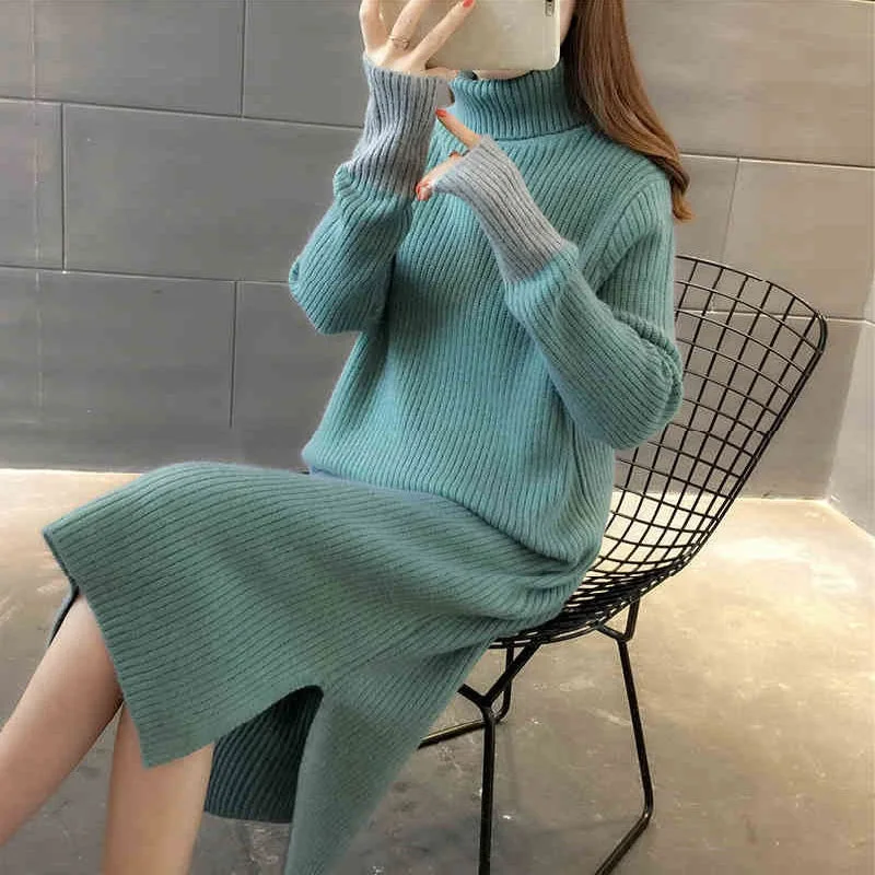 2020 Mode i Efteråret Og Vinteren, nye koreanske version af løs tyk strikket bunden kjole med høj hals over-the-knæ sweater kvinder