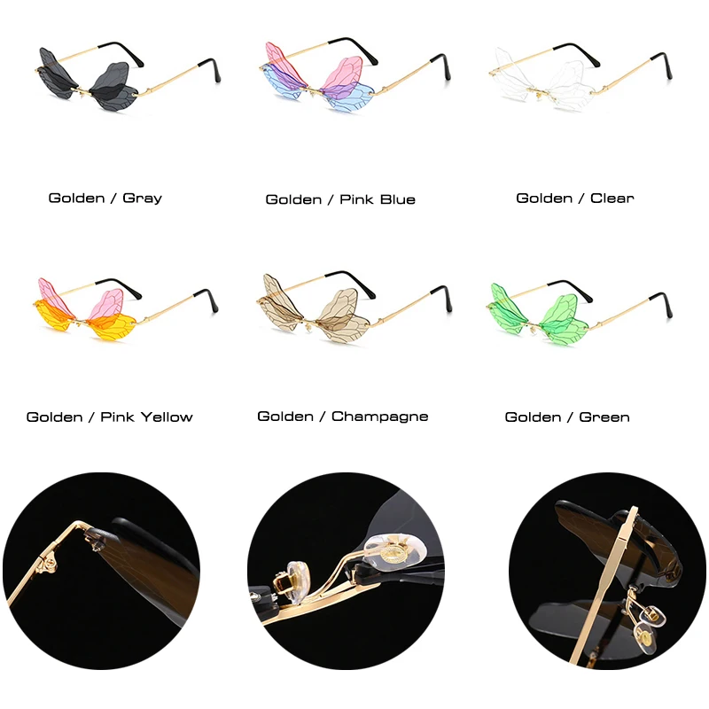 2020 Mode Uindfattede Dragonfly Fløj Solbriller Kvinder Vintage Klare Hav Linse Brille Mænd Pink Gul Sol Briller Nuancer UV400