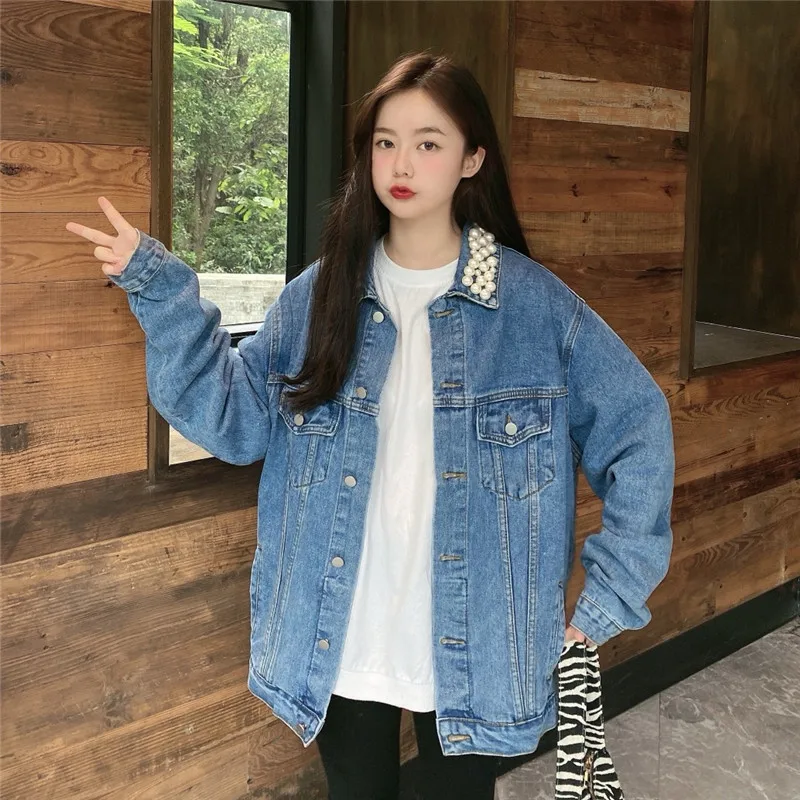 2020 ny koreansk stil løs beaded denim jakke kvinder