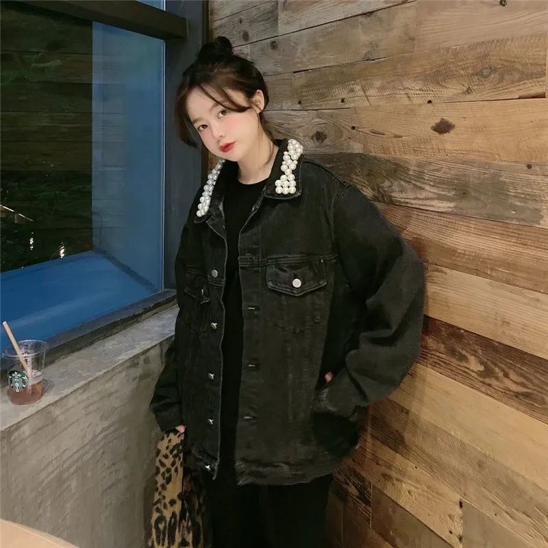 2020 ny koreansk stil løs beaded denim jakke kvinder