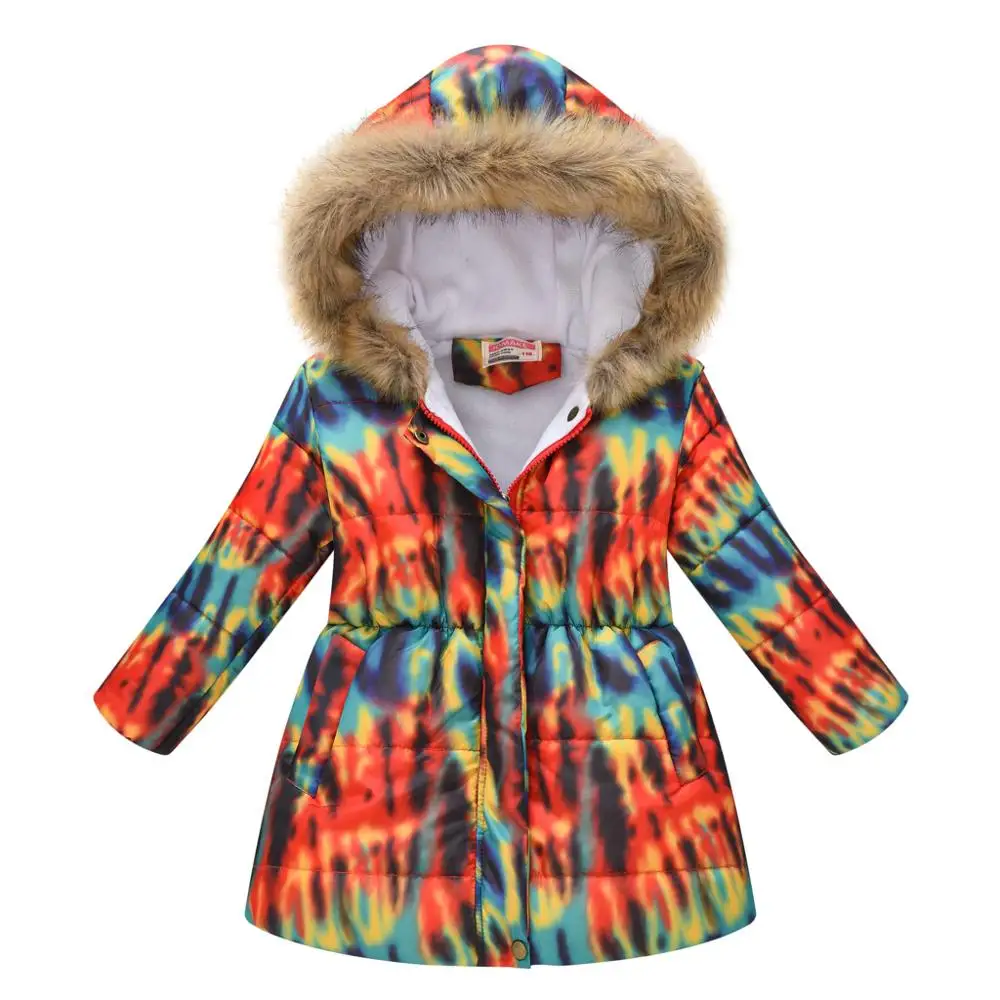 2020 nye fortykket flerfarvet vinter pige jakke mode trykt hætteklædte jakke børnetøj plus velvet varm pige jakke Kristus