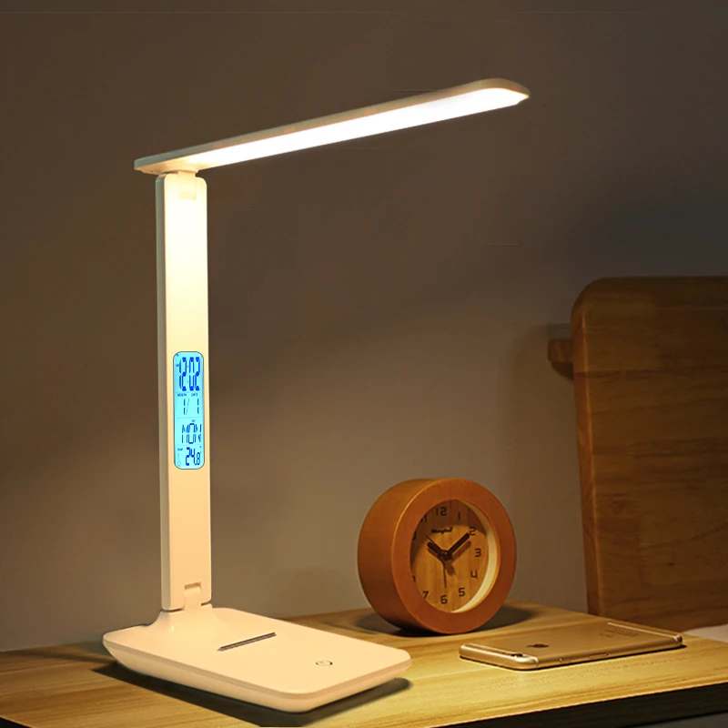 2020 Nye Moderne Business-Led-Kontor bordlampe Touch Dæmpbar Foldbar Med Kalender Temperatur Vækkeur tabel læselys