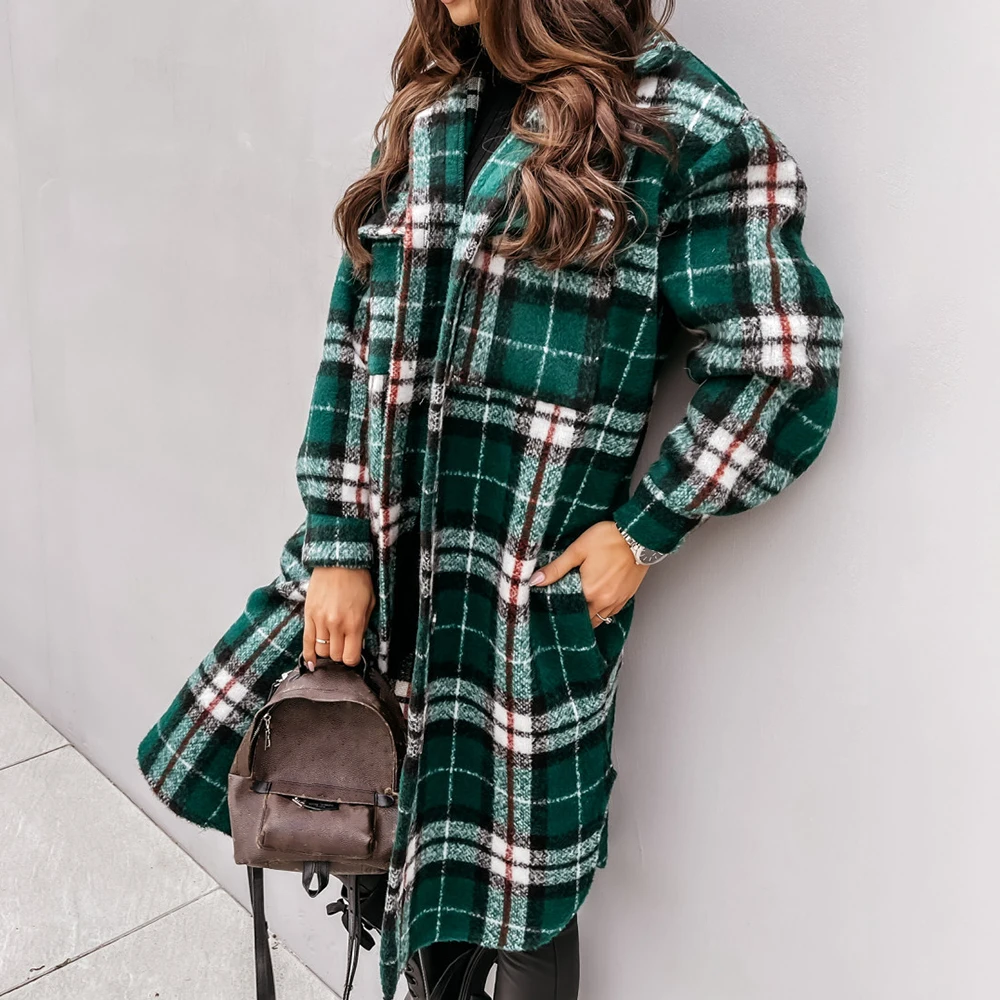 2020 Vinter Kontrolleret Kvinder Jakke Ned Frakke Varm Plaid Lang Frakke Oversize Tykke Uldne Blanding Af Retro Kvindelige Streetwear