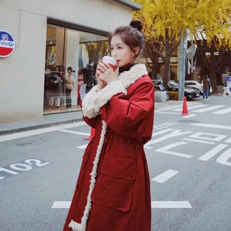 2020 Vinter koreansk Stil Imiteret Lam Uld Syning Bomuld-polstret Jakke Mid-længden Over-knæet Kvinder Løs Fortykket Parka