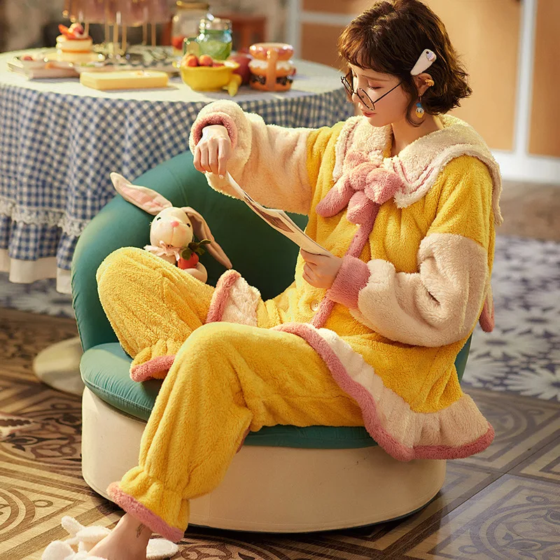 2020 Vinter Nye Coral Fleece Pyjamas Kvinders Varm Cardigan koreanske Sød Flannel Hjem Bære Pijama Mujer Pizama Damska Mode