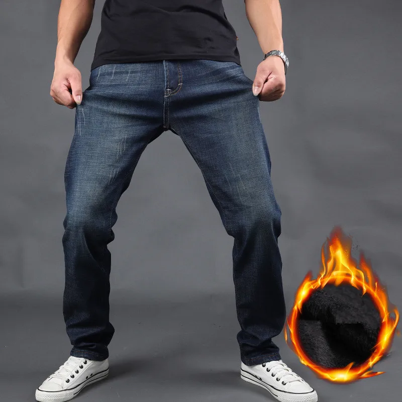 2020 Vinter Nye Mænd er Varmt Jeans Business Casual Tyk Fleece Slim Denim Bukser til Mænd Bukser Sort Blå Nødlidende Stretch Jeans