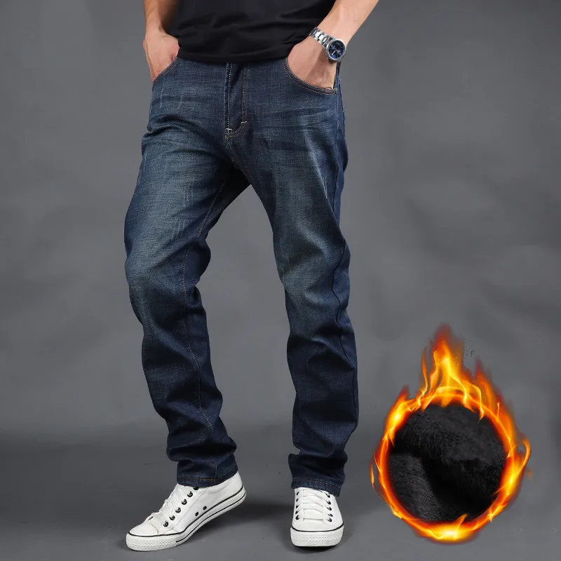 2020 Vinter Nye Mænd er Varmt Jeans Business Casual Tyk Fleece Slim Denim Bukser til Mænd Bukser Sort Blå Nødlidende Stretch Jeans