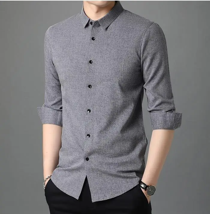 2021 Nye Forårs-og Efterårs-Shirt Mænd er ensfarvet langærmet Business Casual Skjorte Vilde Modetøj 76F33