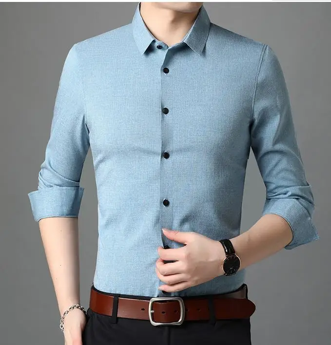 2021 Nye Forårs-og Efterårs-Shirt Mænd er ensfarvet langærmet Business Casual Skjorte Vilde Modetøj 76F33