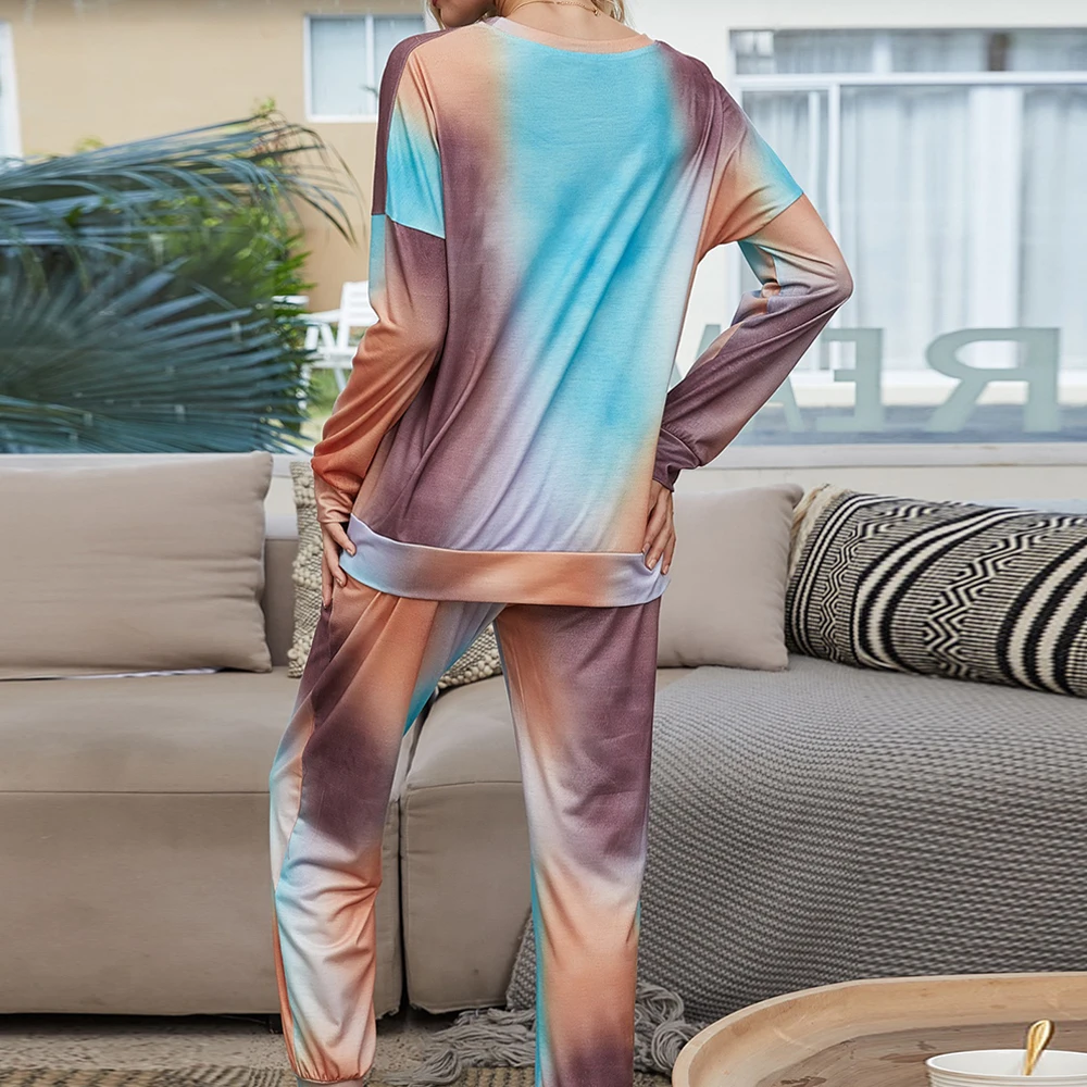 2021 Spring Nye Afslappet Langærmet Homewear 2 Stk Kvinder Løs Comfy Tie Dye Print Strække Loungewear Pyjamas Udstyr Femme Passer Til
