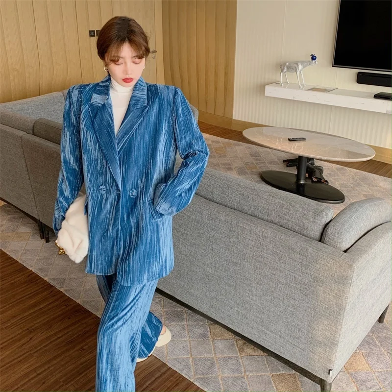 2021 Velour-Suit Tøj koreanske To delt Sæt Kvinder Matchende Mode Kontor Blazer Jakke Frakke + Høj Talje løs straight Bukser