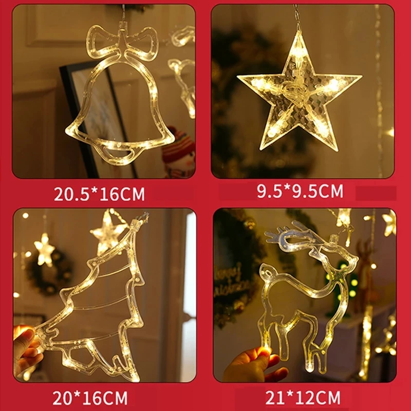220V LED Curtain String Lys Fe Garland Elk Bell Star Julepynt til Home Nye År Xmas Tree Ornamenter Jul