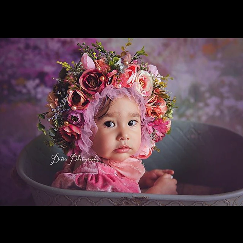 3-12M Baby Blomst Bonnet Rekvisitter Fotografering Sitter Blomstret Vintage Hat Nyfødte Pige Jul Cap Børn Photo Shoot Tilbehør