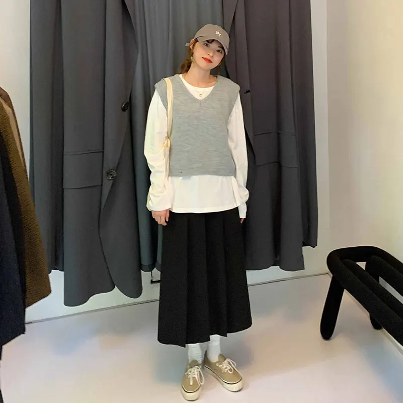 3 farver 2020 efteråret Kvindelige lange Nederdele Kvinder preppy stil med Høj Talje lang plisseret Nederdel en linje midi-nederdel dame (X1570)