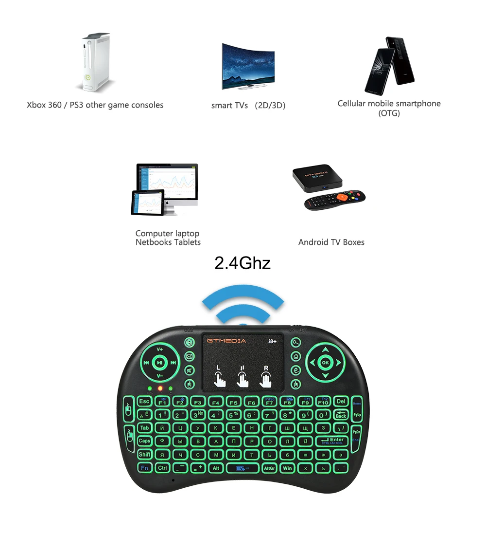 3 Farver Baggrundsbelyst i8 Mini spansk Trådløse Tastatur-2.4 ghz-engelsk Tosproget,Air Mouse Touchpad-Controller til Android TV BOX GTC