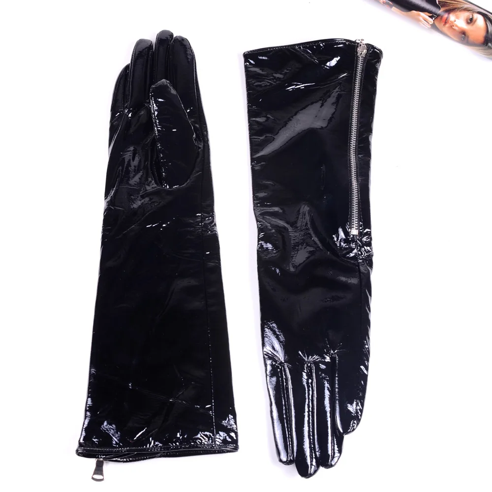 30cm-80cm Kvinders Mænds Ægte læder Skinnende Sort Patent Læder Zipper Handsker festlig Aften lange handsker