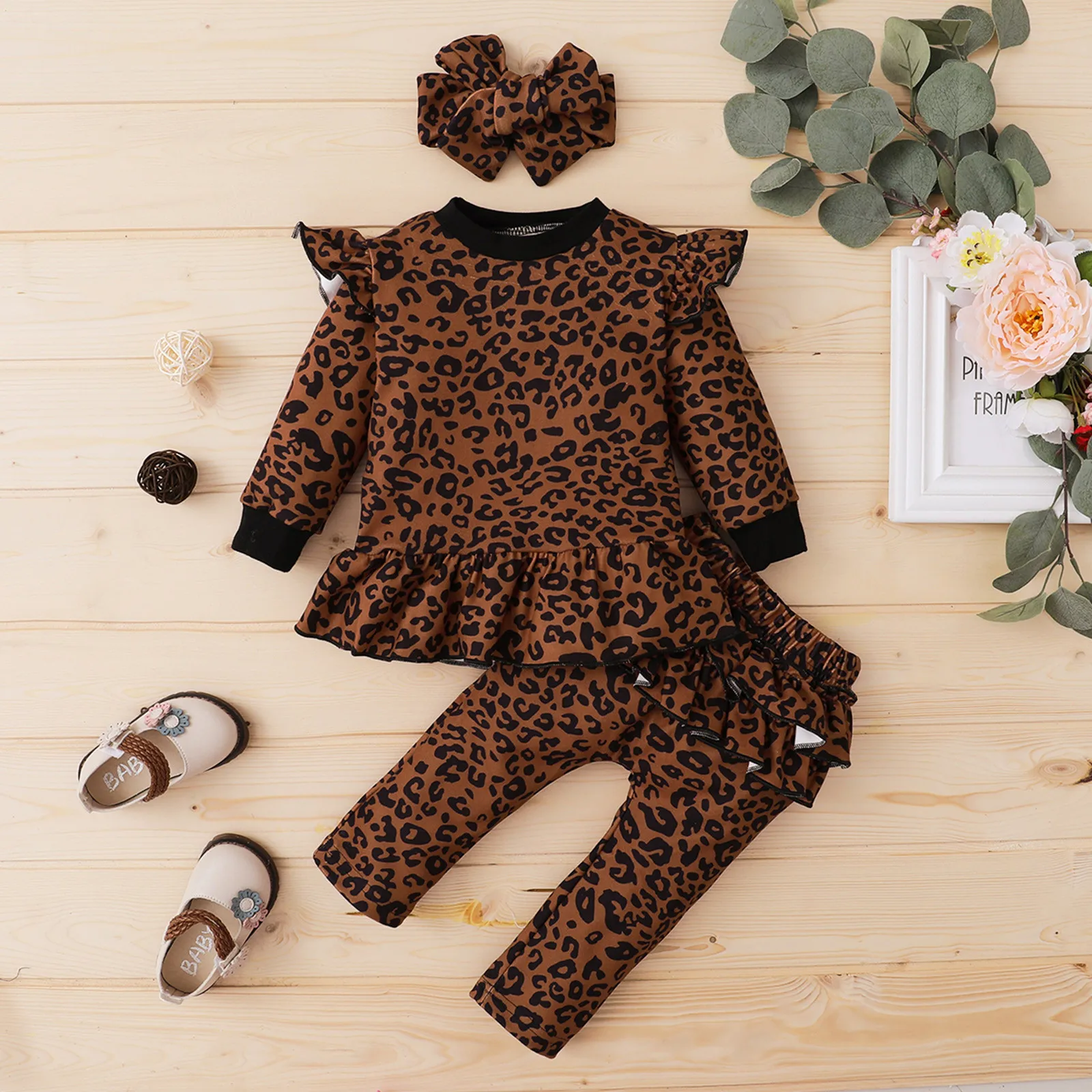 (3M-18M) Børns langærmet leopard print top+flæsekant pjusket bukser+pandebånd passer til mode afslappet behagelig baby, der passer F4*