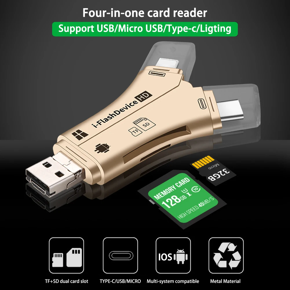 4 i 1 i Flash-Drev, USB-Micro SD - &TF Card Reader Adapter til iPhone 5 6 7 8 til iPad Macbook Android-Kamera