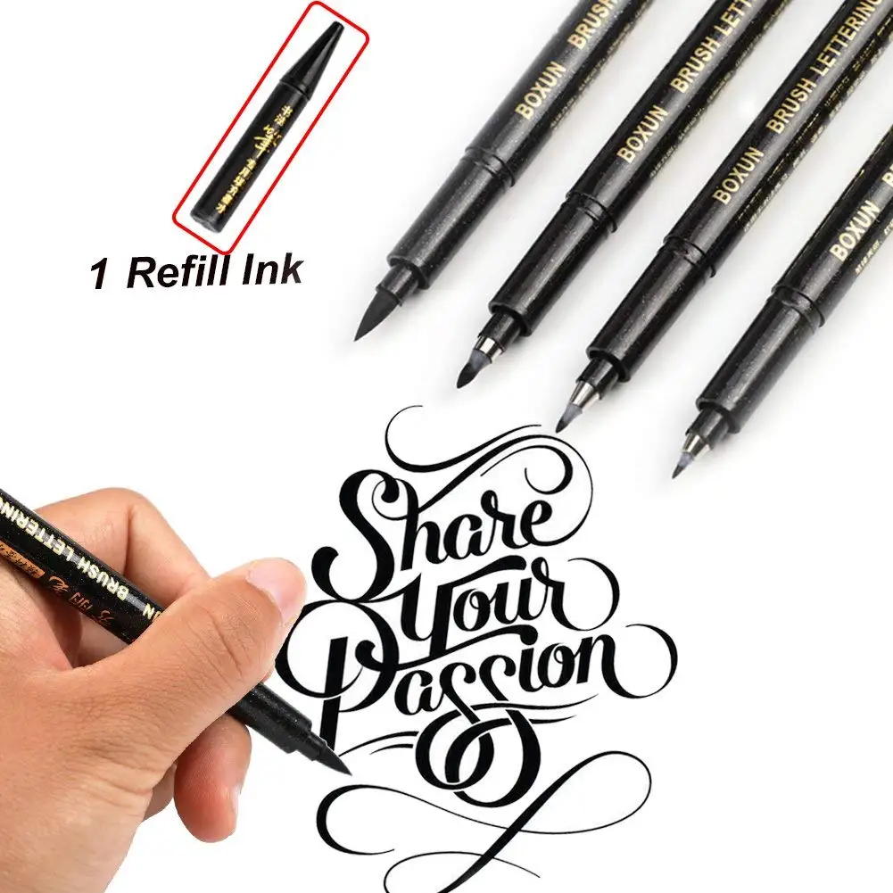 På tilbud! 4 Kalligrafi Pen, Bogstaver Penne Sæt fleksibel Refill Børste Markører Sat til at Skrive Tegninger DIY Tidende - Top > Iderammer.dk