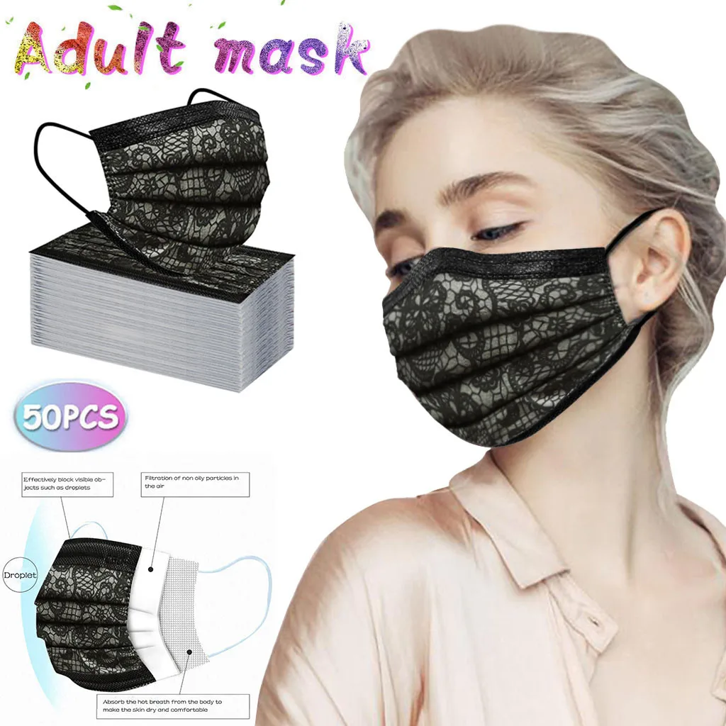 40# 50PC Black Lace Disponibel Ansigtsværn Voksen Beskyttelse i 3 Lag, Åndbar ansigtsmaske Munden Dække Støvtæt Munden Maske Mascara