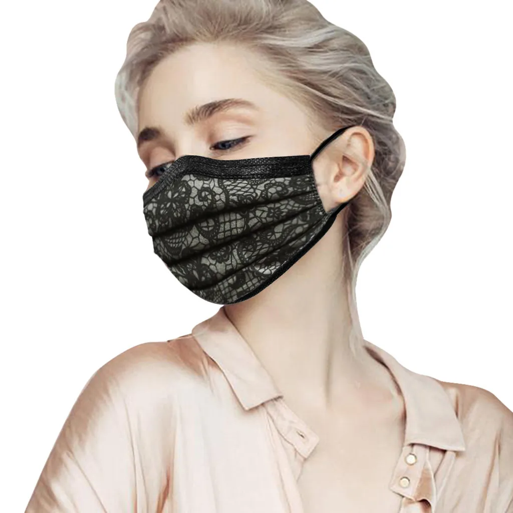 40# 50PC Black Lace Disponibel Ansigtsværn Voksen Beskyttelse i 3 Lag, Åndbar ansigtsmaske Munden Dække Støvtæt Munden Maske Mascara