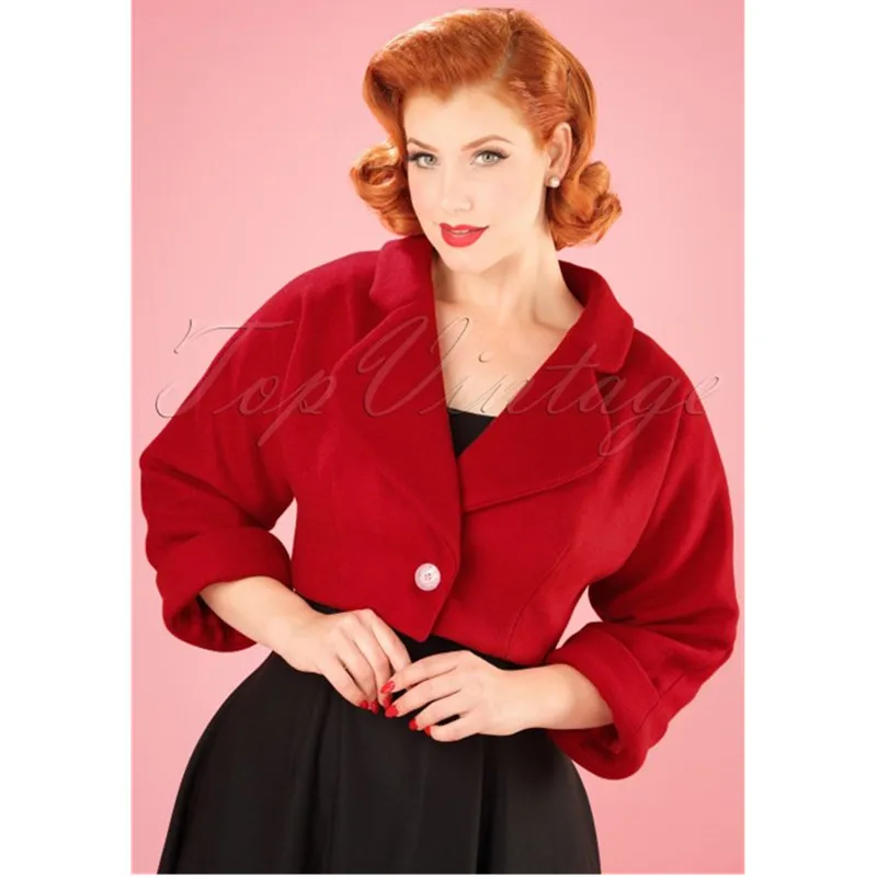 40 - kvinder vintage 50'erne Monroe Uld kort Jakke i rød og sort elegant beskåret oversize frakke plus size uldne abrigo mujer