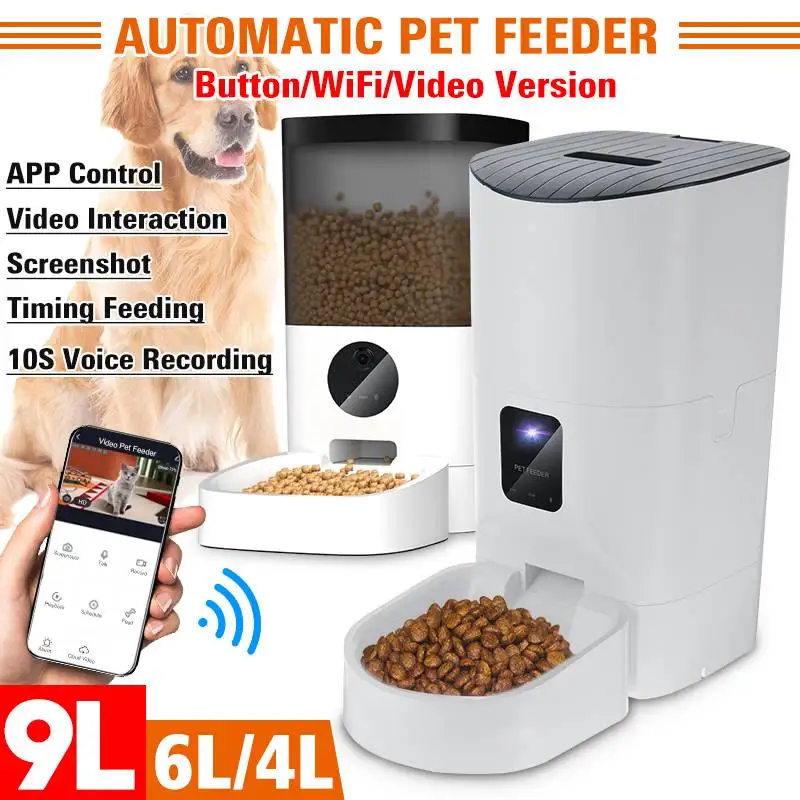 4L/6L/9L NYE Automatiske Pet Feeder APP Control Timing Fodring Voice Record Hund, Kat, Mad Dispenser [Video/WiFi/Knappen Version]