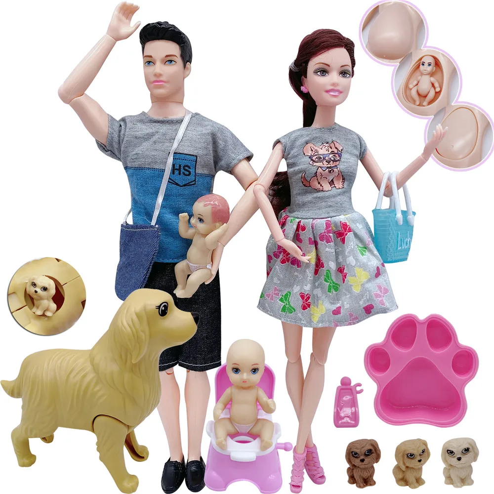 5-person, familie, graviditet dukke tilbehør kombination + 1:6 multifunktionel model graviditet hund, barn pige spil toy hus g