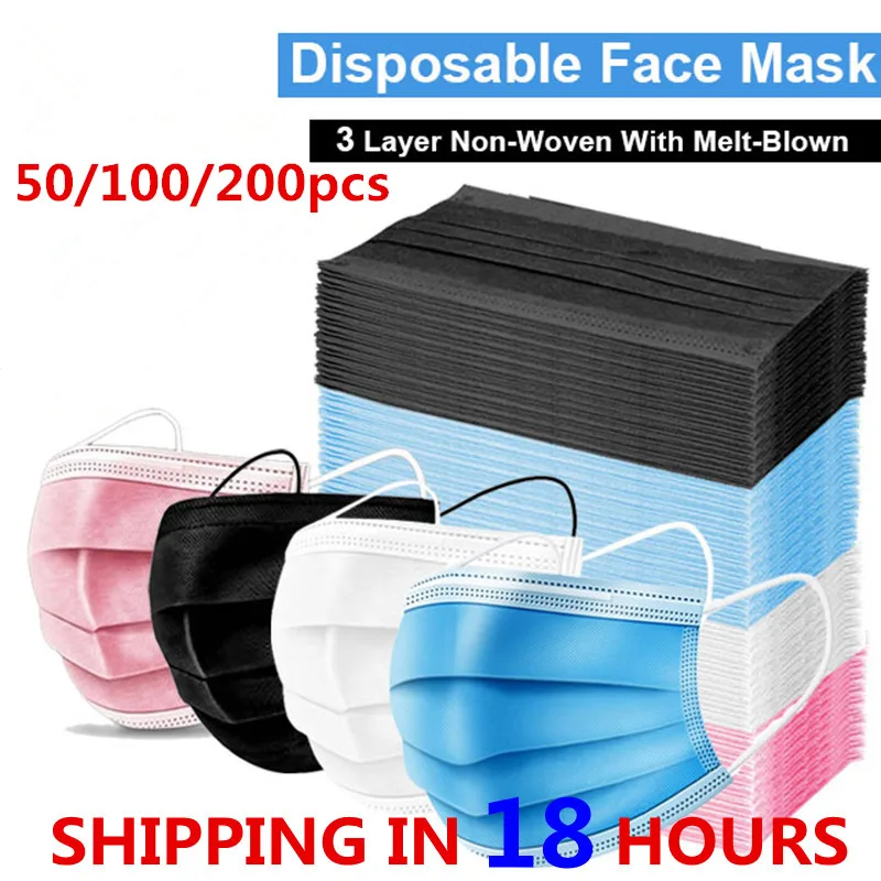50 /100 / 200pcs Disponibel ansigtsmasker Nonwove 3 Lags Filter Munden Maske Anti Støv Sikker Åndbar Sort Beskytte Maske hurtigt skib