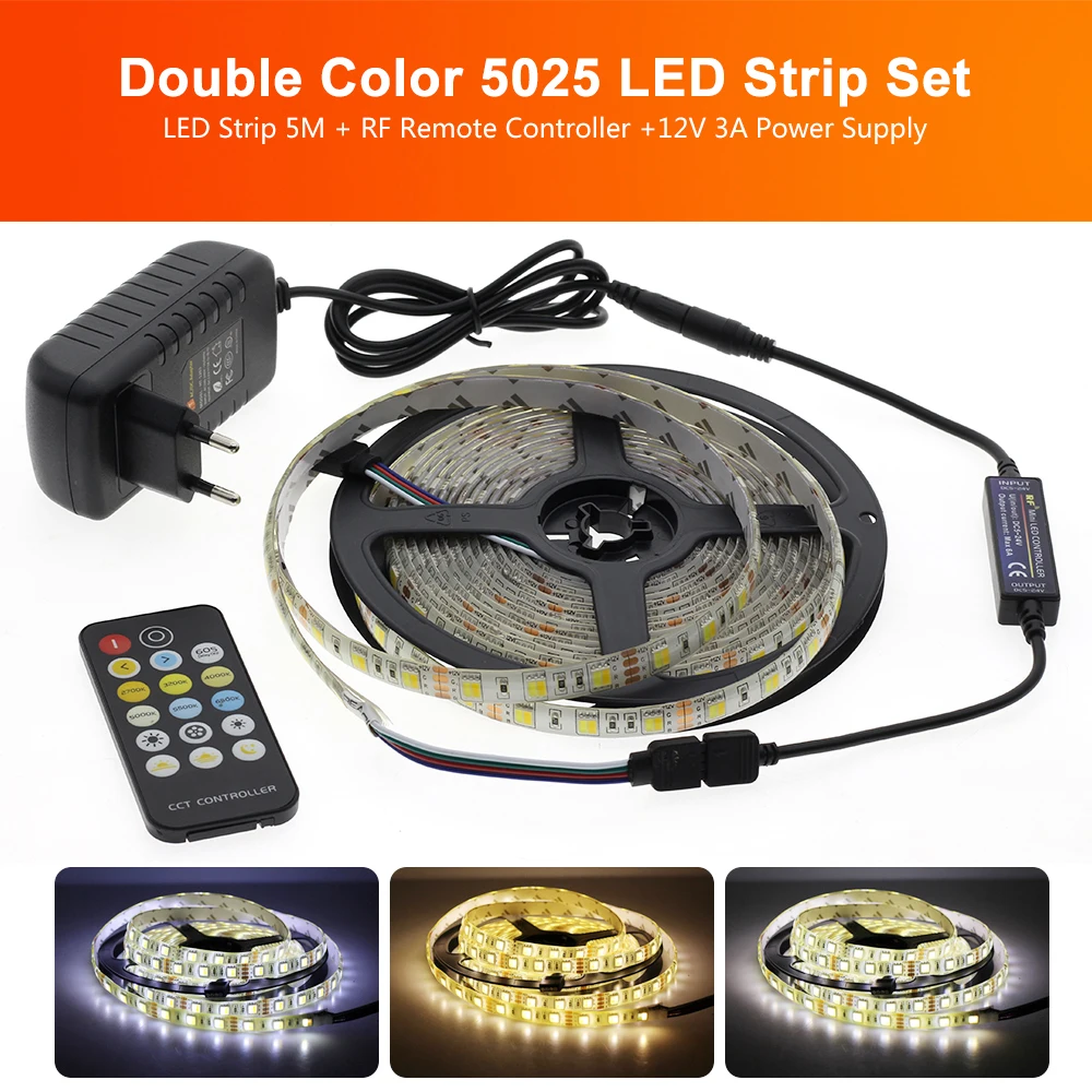 5M LED Strip 5025 2835 IP65 Kold Hvid+Varm Hvid Lys Fleksibelt Bånd DC12V Bånd med Fjernbetjening +12V 3A Strømforsyning