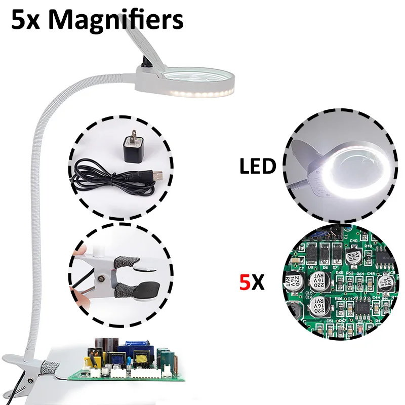 5x Nye bordlampe Forstørrelse Clip-on-Table Top-LED-Lampe Læsning Store Linse Forstørrelse Glas med Klemme i skønhedssalonen USB