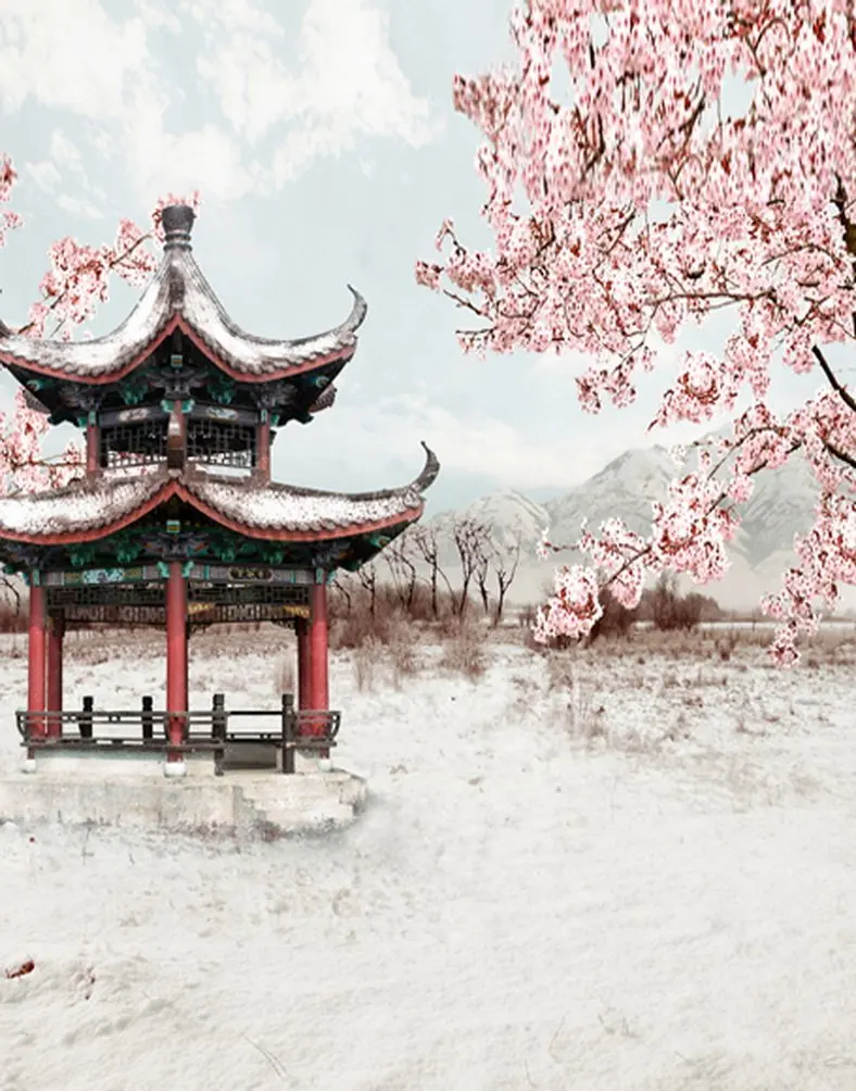 5x7ft Kinesiske Pavillon Pink Blomster Fotografering Baggrunde Foto Rekvisitter Studio Baggrund